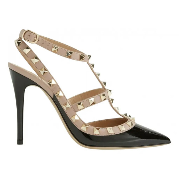 Valentino Rockstud Black Patent Poudre Nude Ankle T Strap Classic Heel Pump 39.5 - Picture 1 of 12